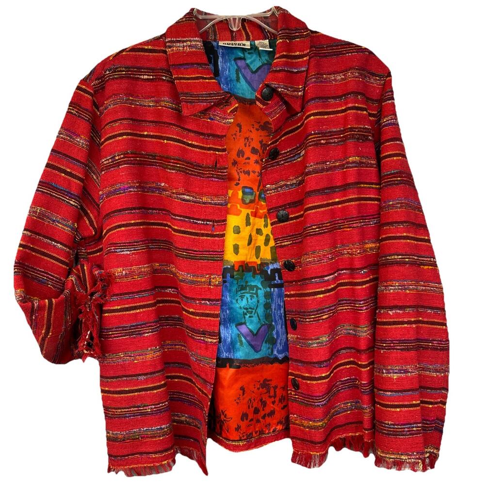 Silk Woven Jacket Eyelash Fringe Striped Artsy Vtg Y2K Boho Red Sz L Chicos